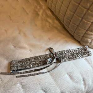 Intricate Satin Silver Embellished Belt front or back Tie  NWOT